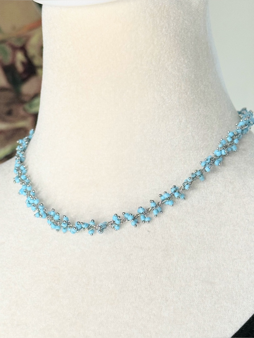 Pura Vida Turquoise Blue Beaded Choker Necklace Silver Tone Adjustable 15-17”